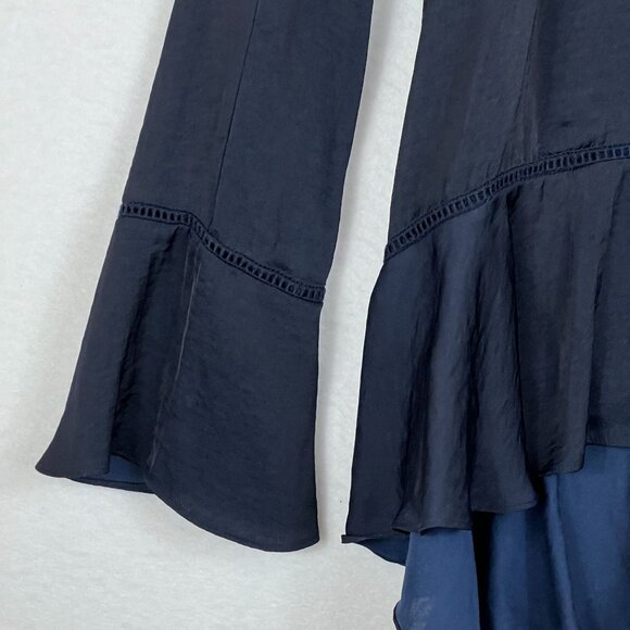 Mossimo Navy Blue Hi-Low Ruffle Hem Blouse With Long Bell Sleeves - Size S - Picture 5 of 10